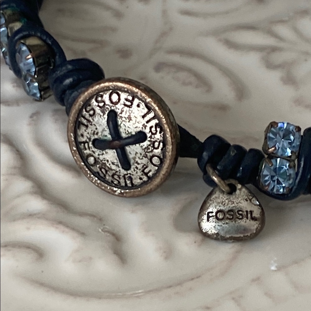 Fossil Sky Blue Crystals with Leather Wrapped Bracelet Button Closure - Picture 16 of 16